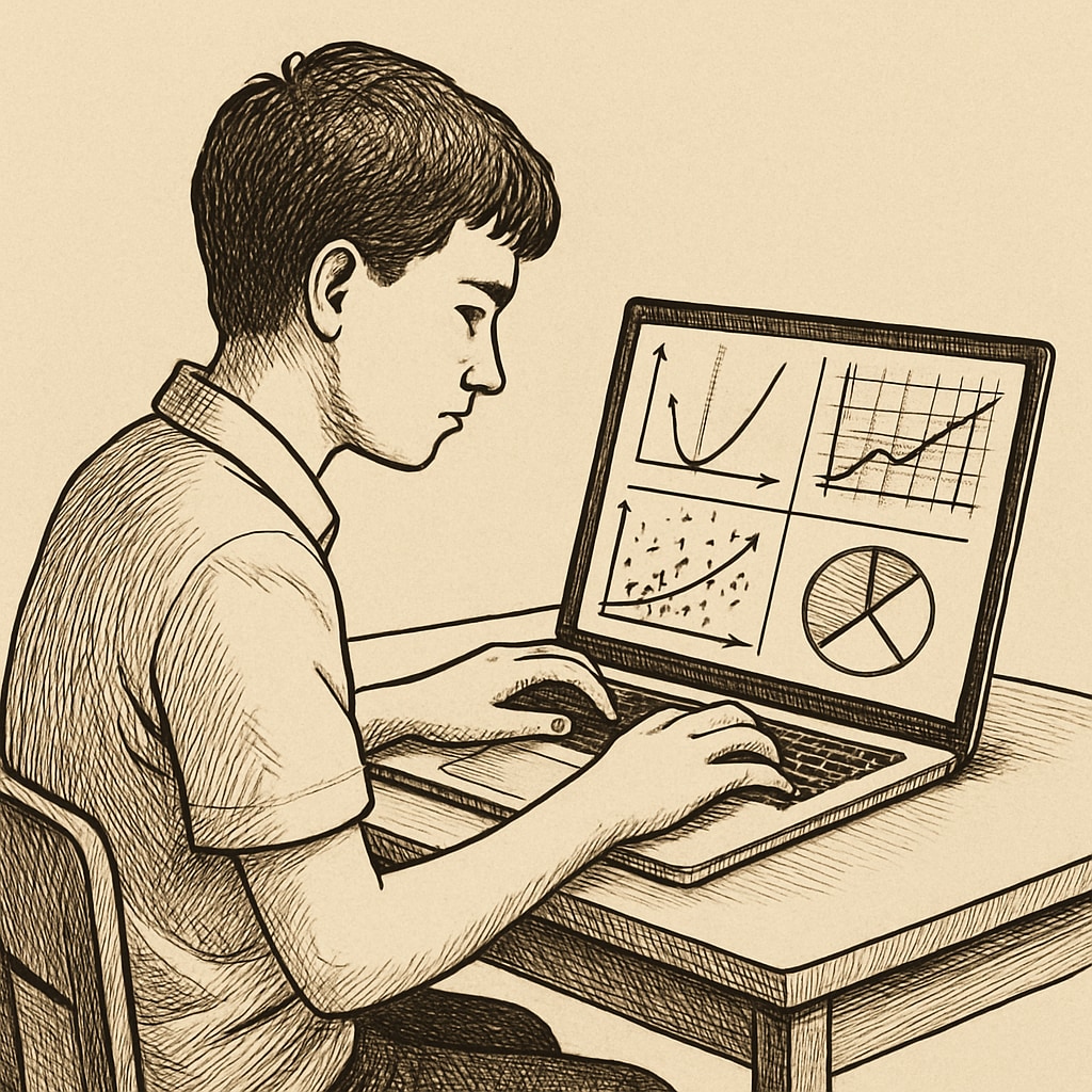 A student working on a laptop with mathematical graphs and data visualization on the screen. A student analyzing data using mathematical tools, relevant to biostatistics and Linear Algebra.