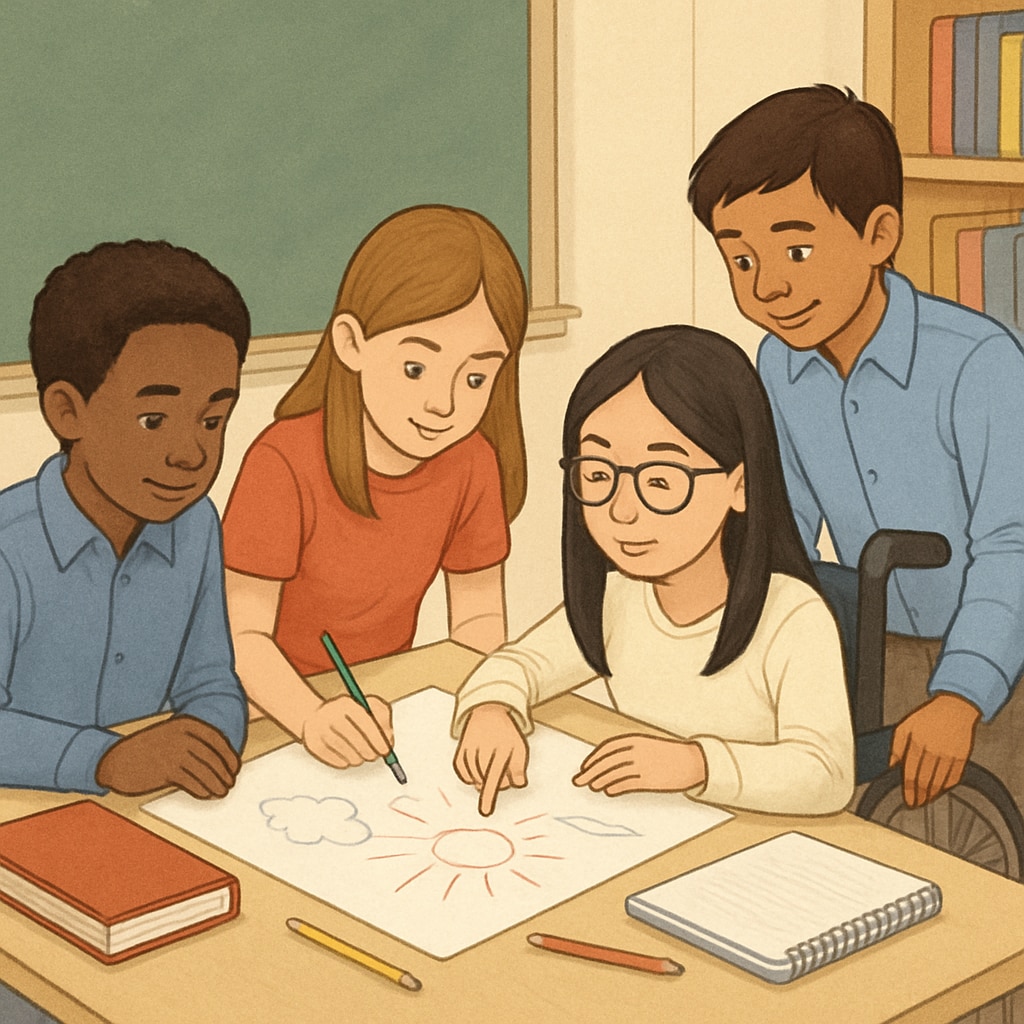 Diverse students working together on a creative project.