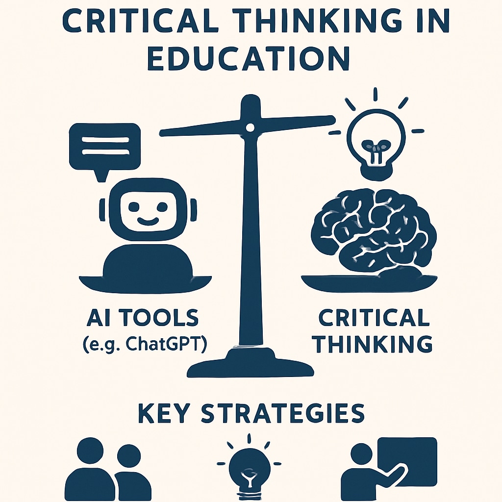 An infographic showing the balance between AI tools like ChatGPT and critical thinking in education, featuring key strategies for integration. Infographic depicting strategies to balance ChatGPT and critical thinking in education.