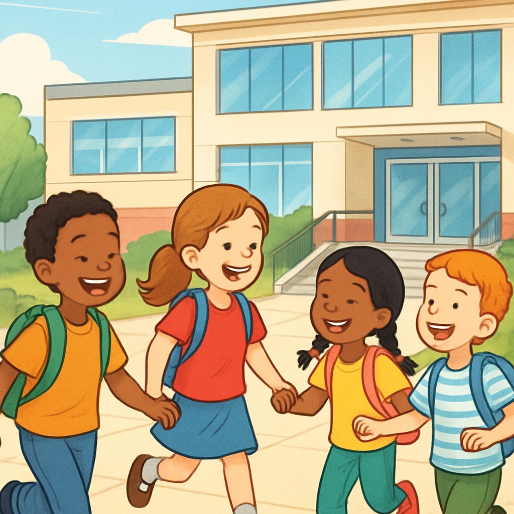 Children playing outside a school, representing education choices and family priorities.