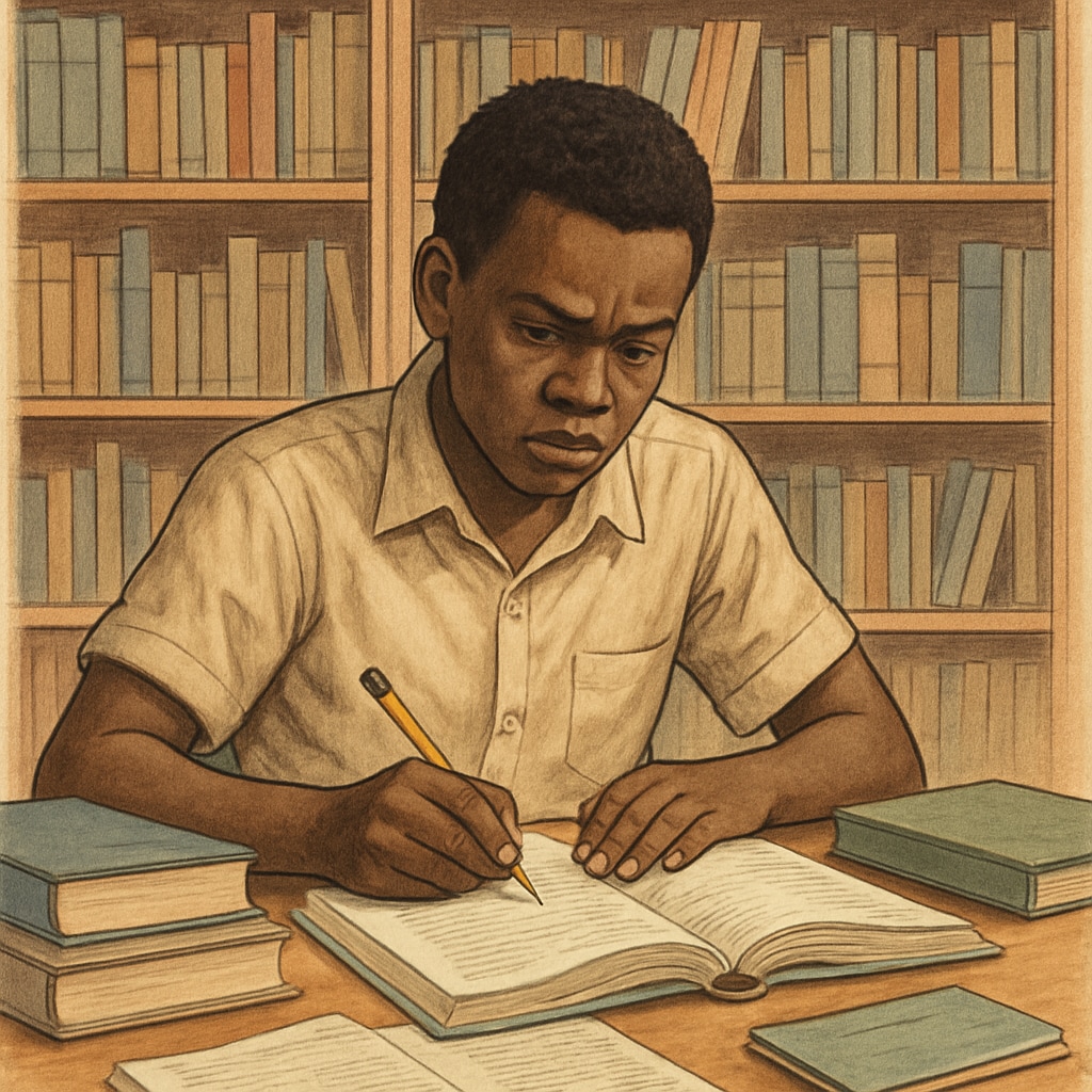 A Nigerian immigrant student studying in a library, symbolizing determination despite financial barriers. Nigerian immigrant student studying, facing Oxford tuition challenges.