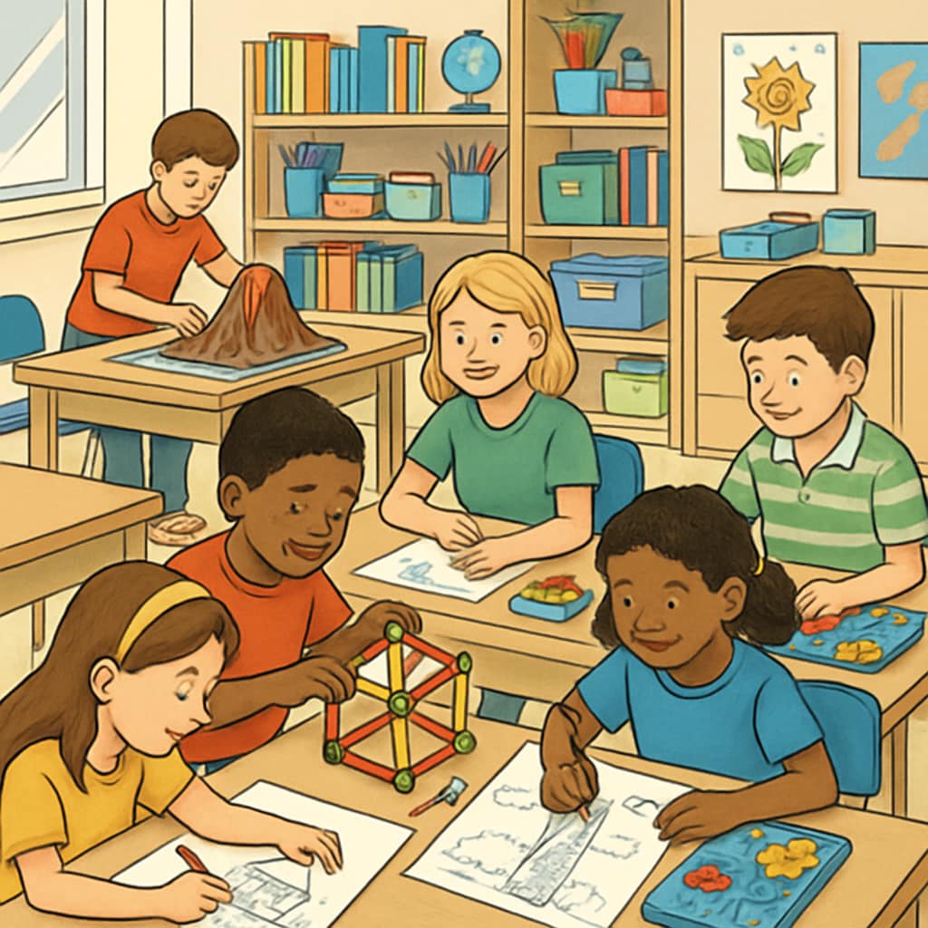 A classroom setting where students are engaged in creative project-based learning, symbolizing an alternative to traditional scoring systems. Students participating in hands-on project-based learning, an alternative to traditional scoring systems.