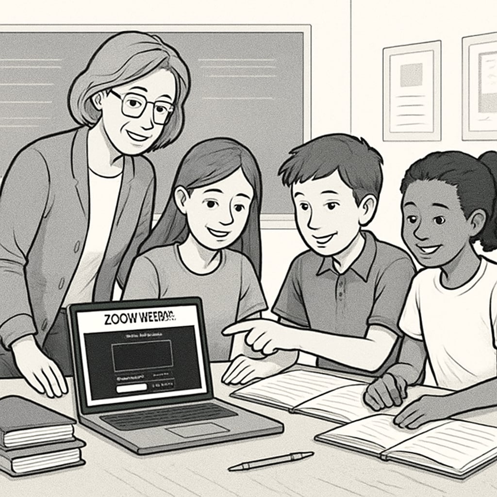 A teacher and students collaborating on a Zooniverse citizen science project, with a laptop showing the Zooniverse interface. Students and teacher using Zooniverse for citizen science projects.