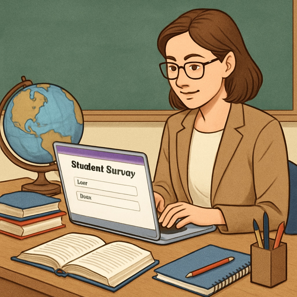 A teacher using Google Forms on a laptop to design a student survey for K-12 educational research. Teacher using Google Forms for K-12 educational research data collection.
