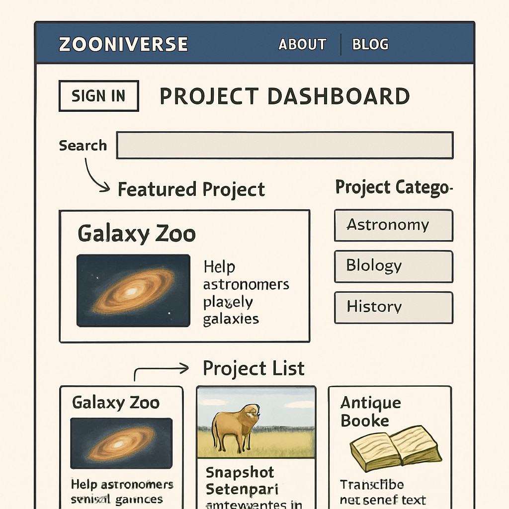 A screenshot of the Zooniverse project dashboard, showcasing diverse options such as Galaxy Zoo and Snapshot Serengeti. Zooniverse project dashboard for citizen science.
