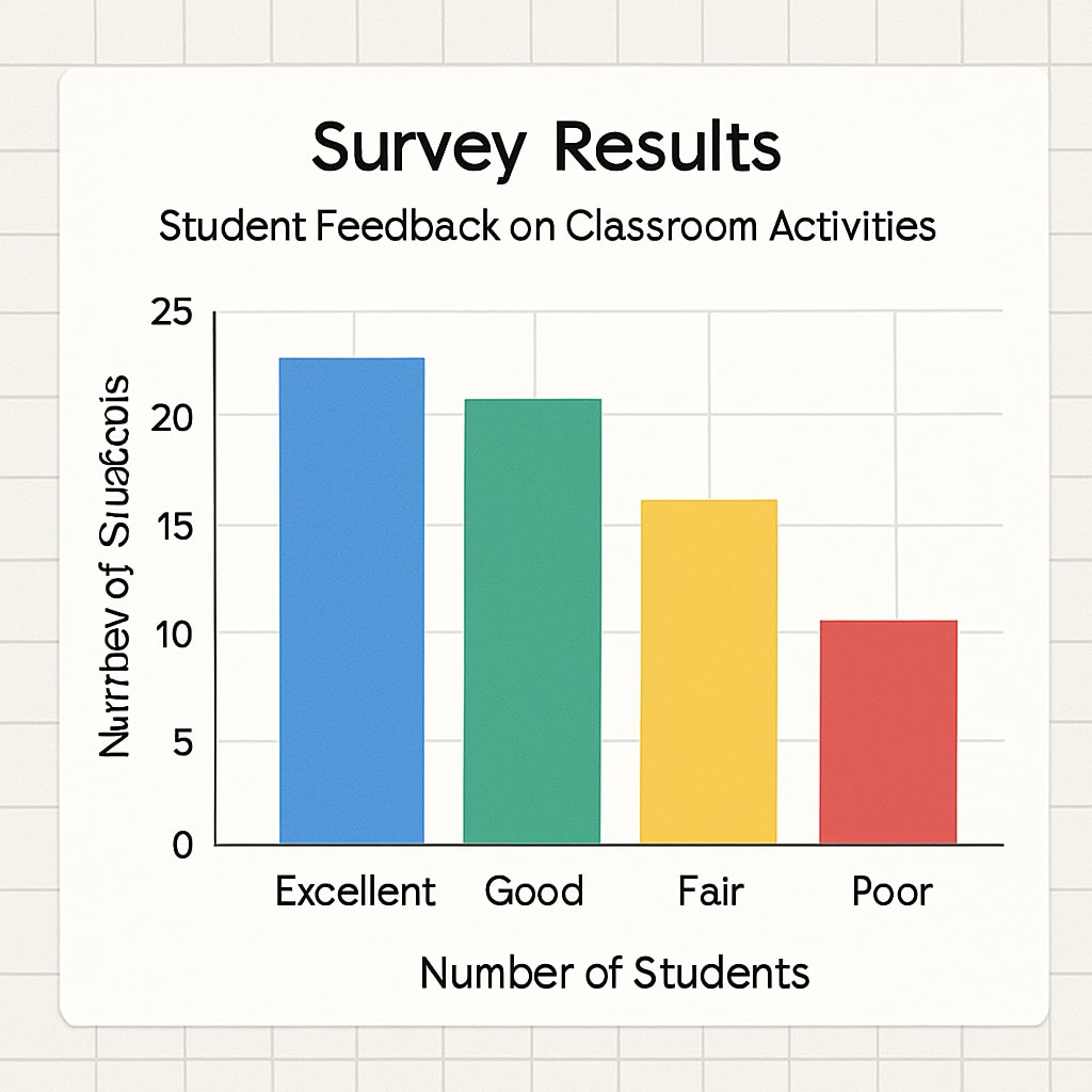 A bar chart in Google Sheets showing survey results from students, representing their feedback on classroom activities. Bar chart of student survey results created using Google Sheets.