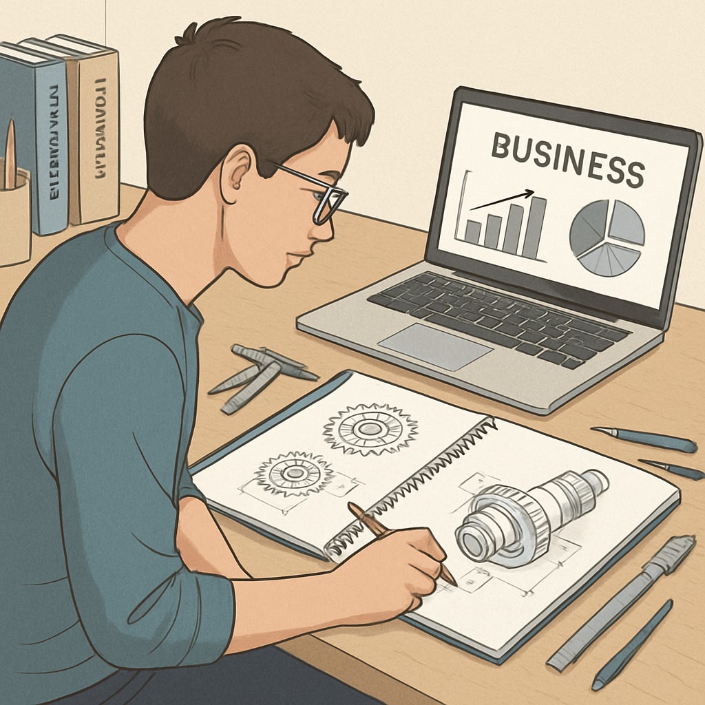 A student working on a mechanical design project while studying business concepts on a laptop. Mechanical engineering student studying business concepts on laptop.