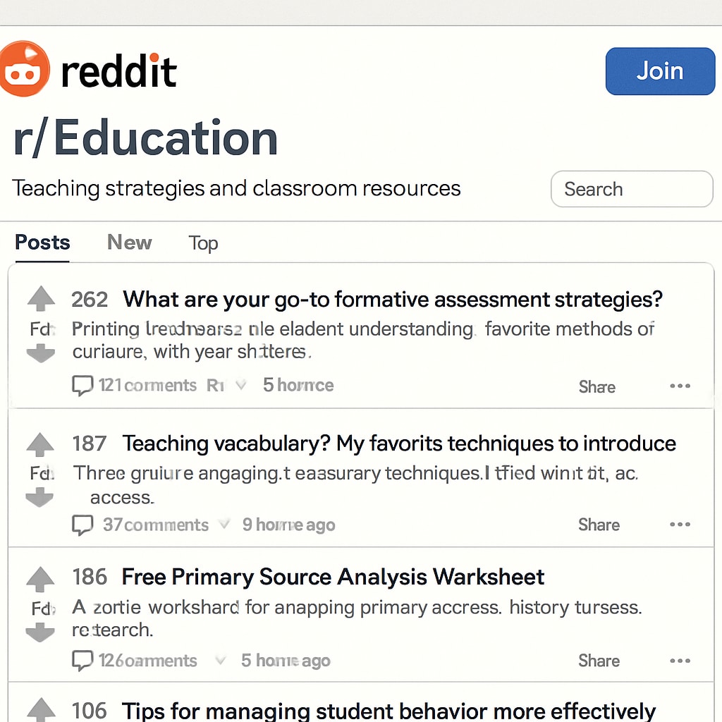 A screenshot of Reddit’s education subreddit showing posts about teaching strategies and classroom resources. Education subreddit screenshot with teaching strategies and resources discussions.