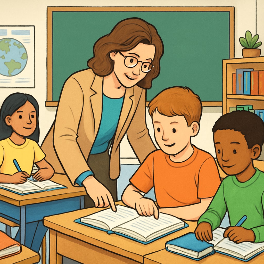 A teacher working with a small group of students in a classroom setting, emphasizing personalized support. A teacher providing personalized academic support to students in a classroom.