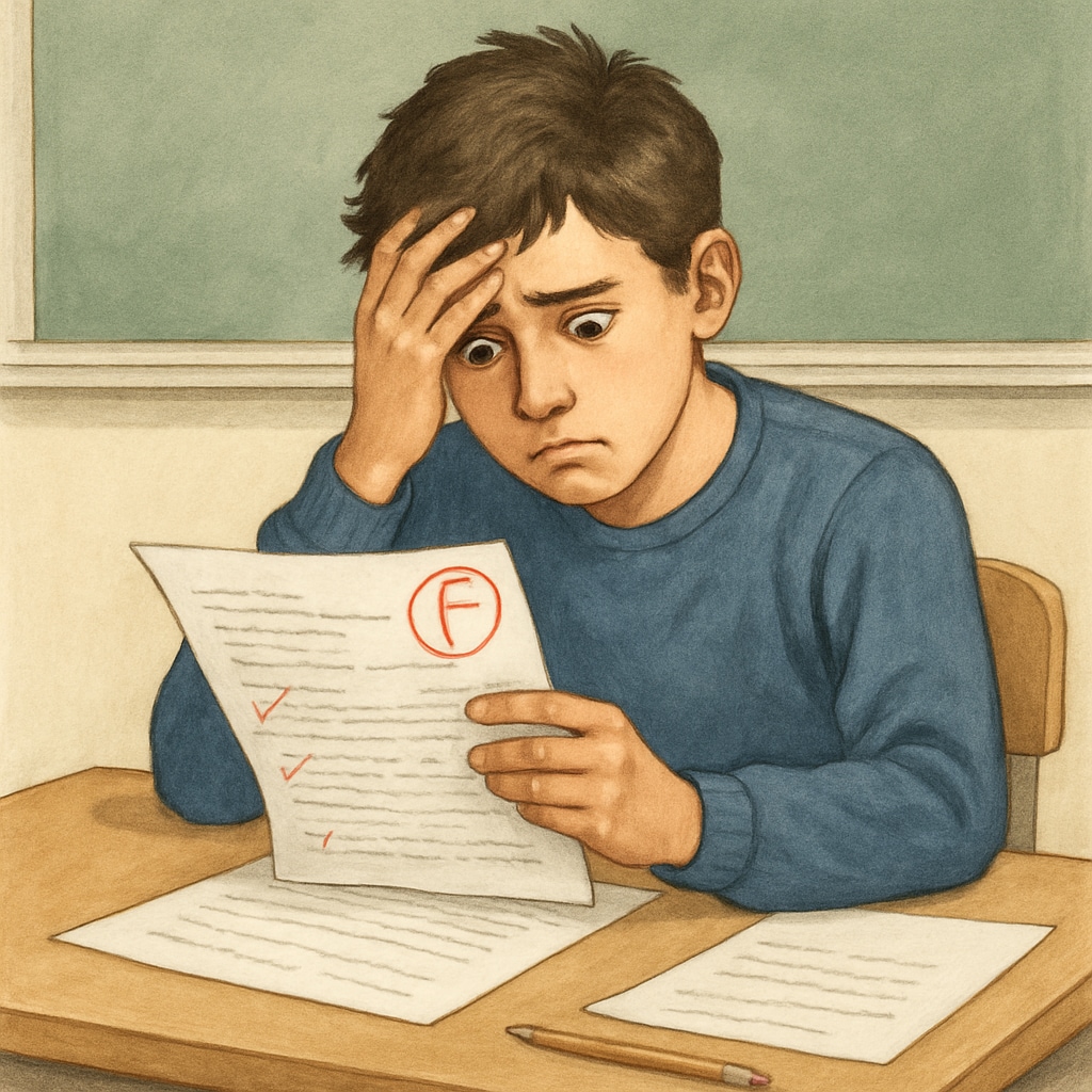 A student sitting at a desk, looking stressed while reviewing a graded exam paper. The photo emphasizes the emotional impact of grading errors. Stressed student reviewing an exam paper, highlighting grading challenges.