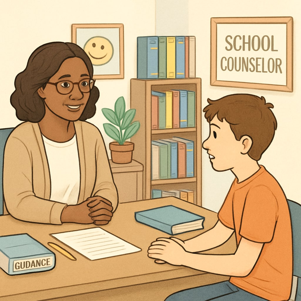 A school counselor talking to a student in a supportive setting, symbolizing emotional care. A school counselor providing emotional support to a student.