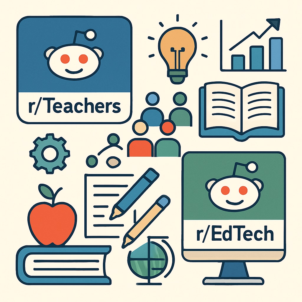 A collage of educational subreddit logos, including r/Teachers and r/EdTech, symbolizing collaboration and innovation. Collage of subreddit logos for Reddit education resources.
