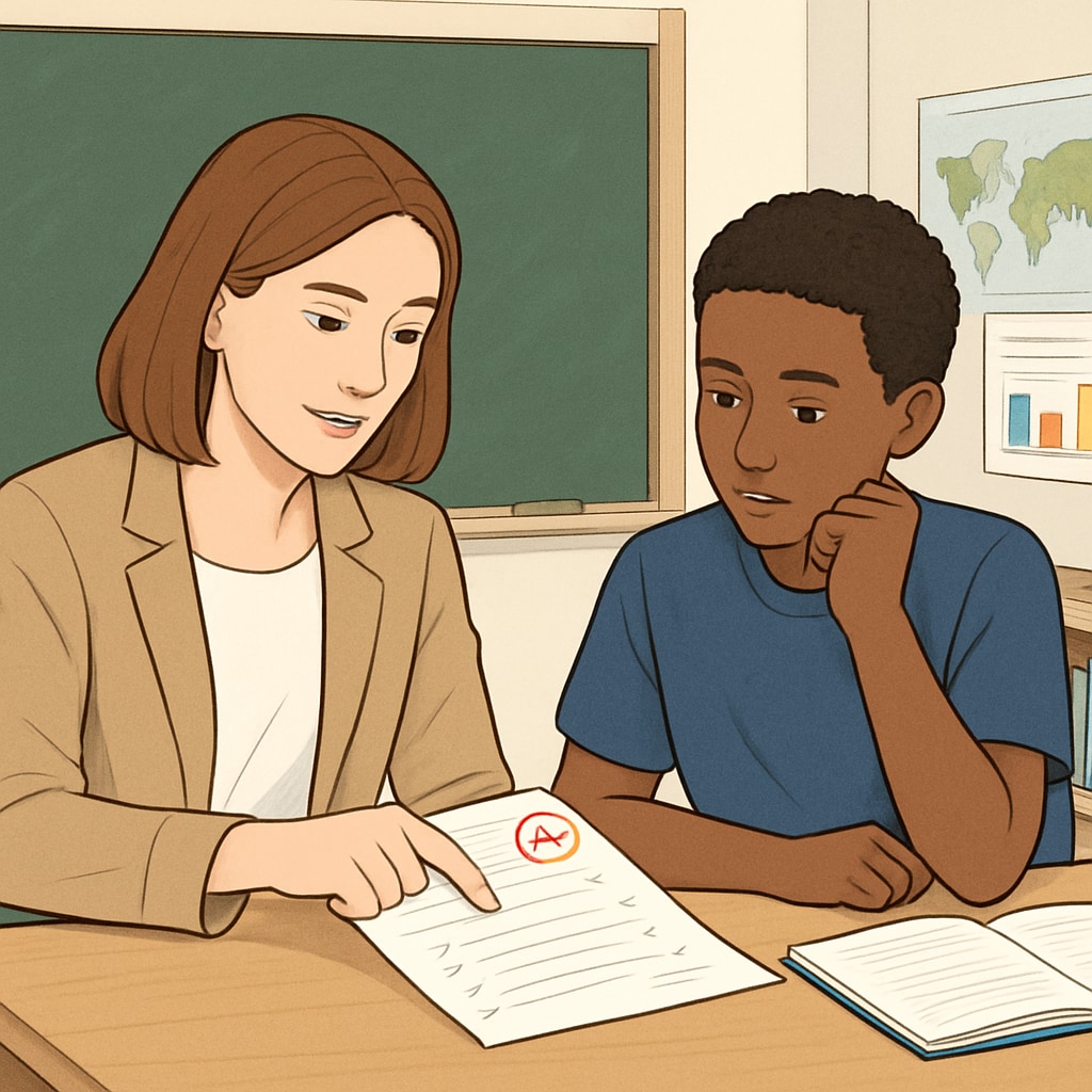 A teacher and student discussing a graded paper in a classroom setting. The image reflects the dialogue necessary for resolving grade disputes. Teacher and student discussing a graded paper, representing academic fairness.
