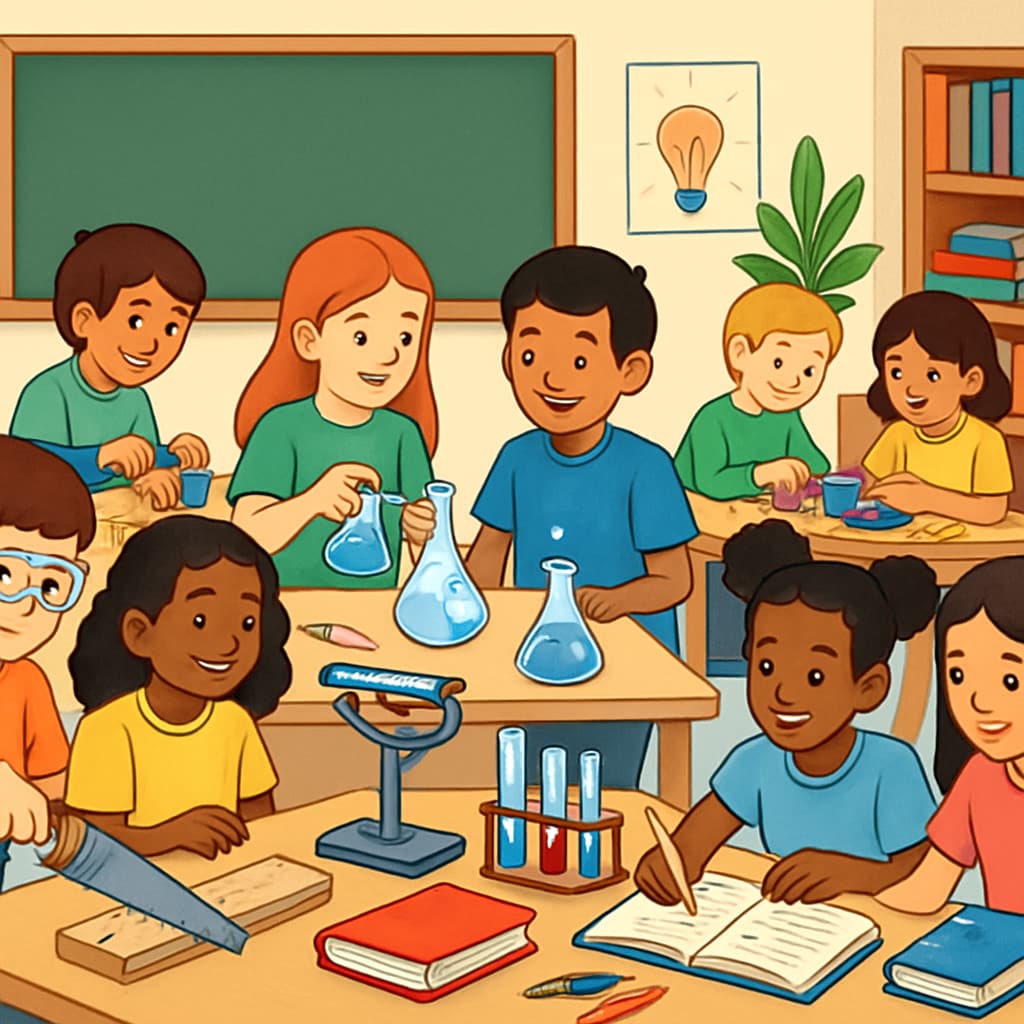 A classroom setting showing students engaging in hands-on activities, representing the need for practical skills in education. Students in a classroom demonstrating practical skills, highlighting the education-employment gap.
