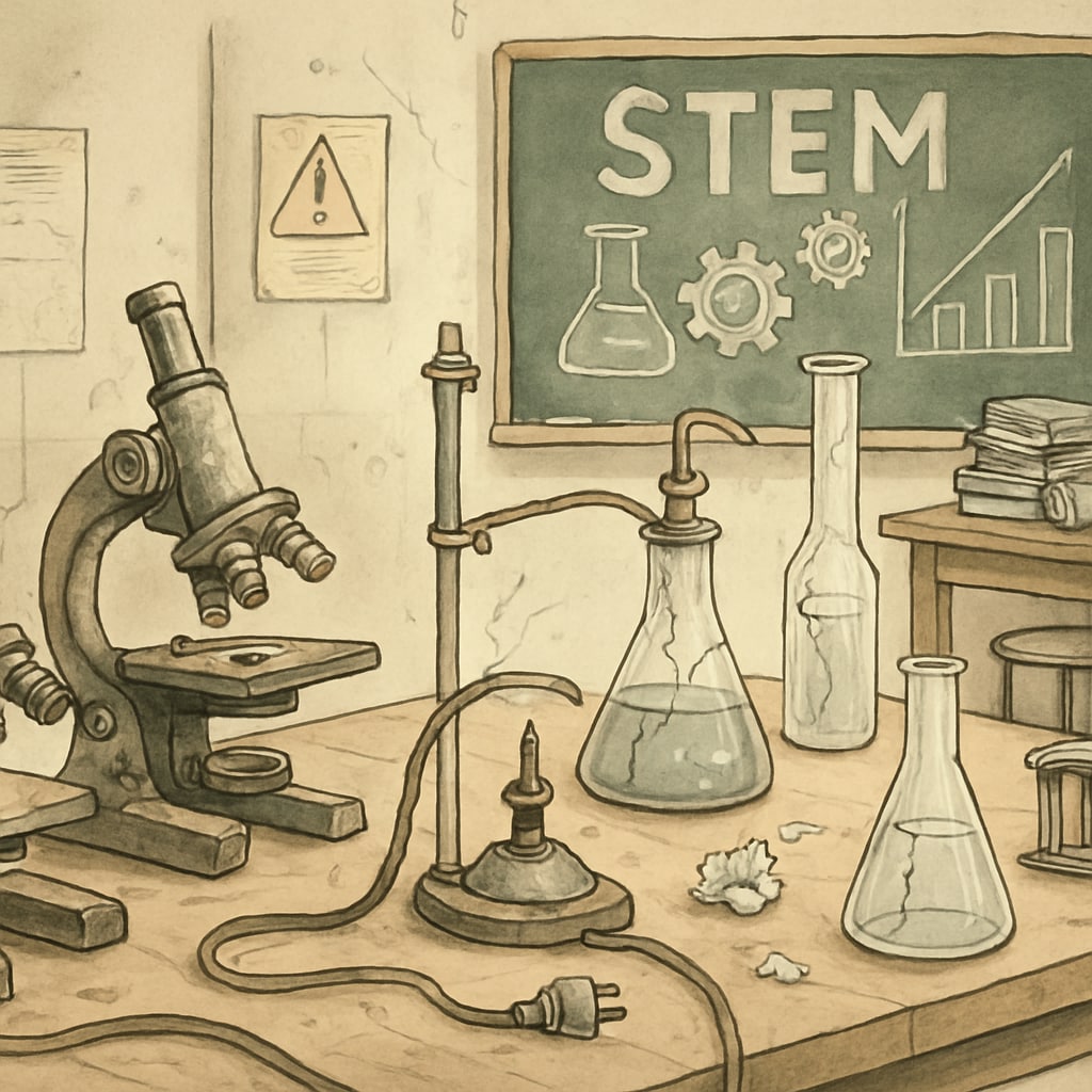A STEM classroom with outdated and unsafe lab equipment, illustrating the challenges of inadequate administrative oversight. Unsafe lab equipment in a STEM classroom, highlighting administrative inefficiency.