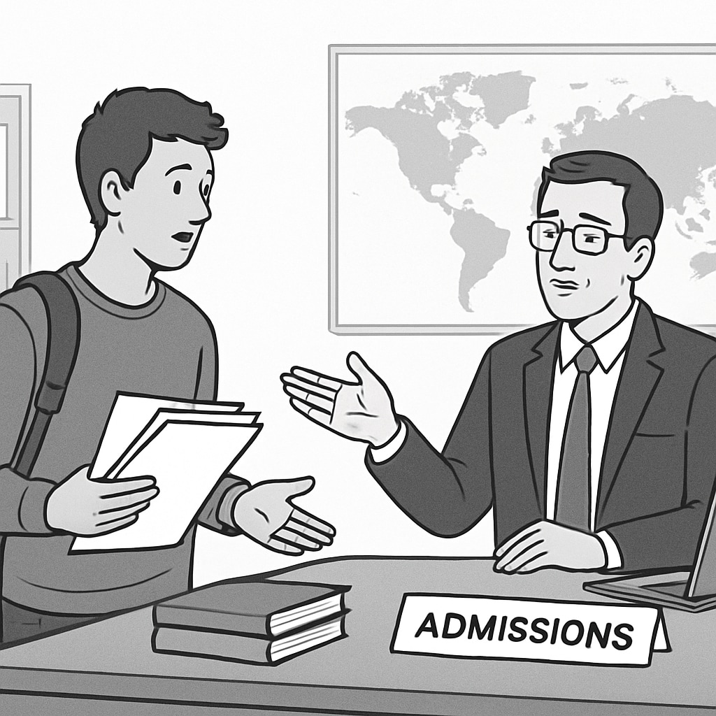 A student holding documents and speaking to a university admissions officer, representing the challenges of international applications. A student discussing admission requirements with a university official, symbolizing education year challenges.