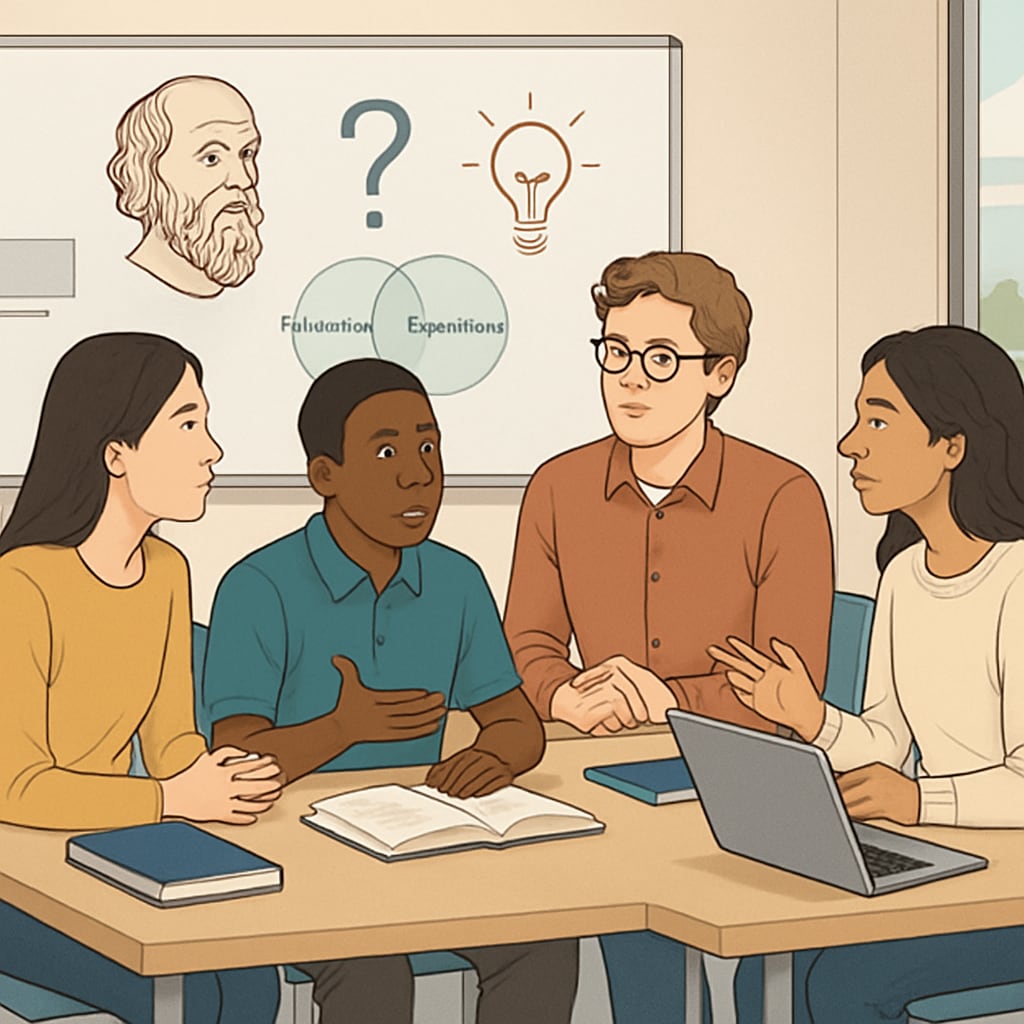 Students engaged in philosophical discussions in a high school classroom environment.