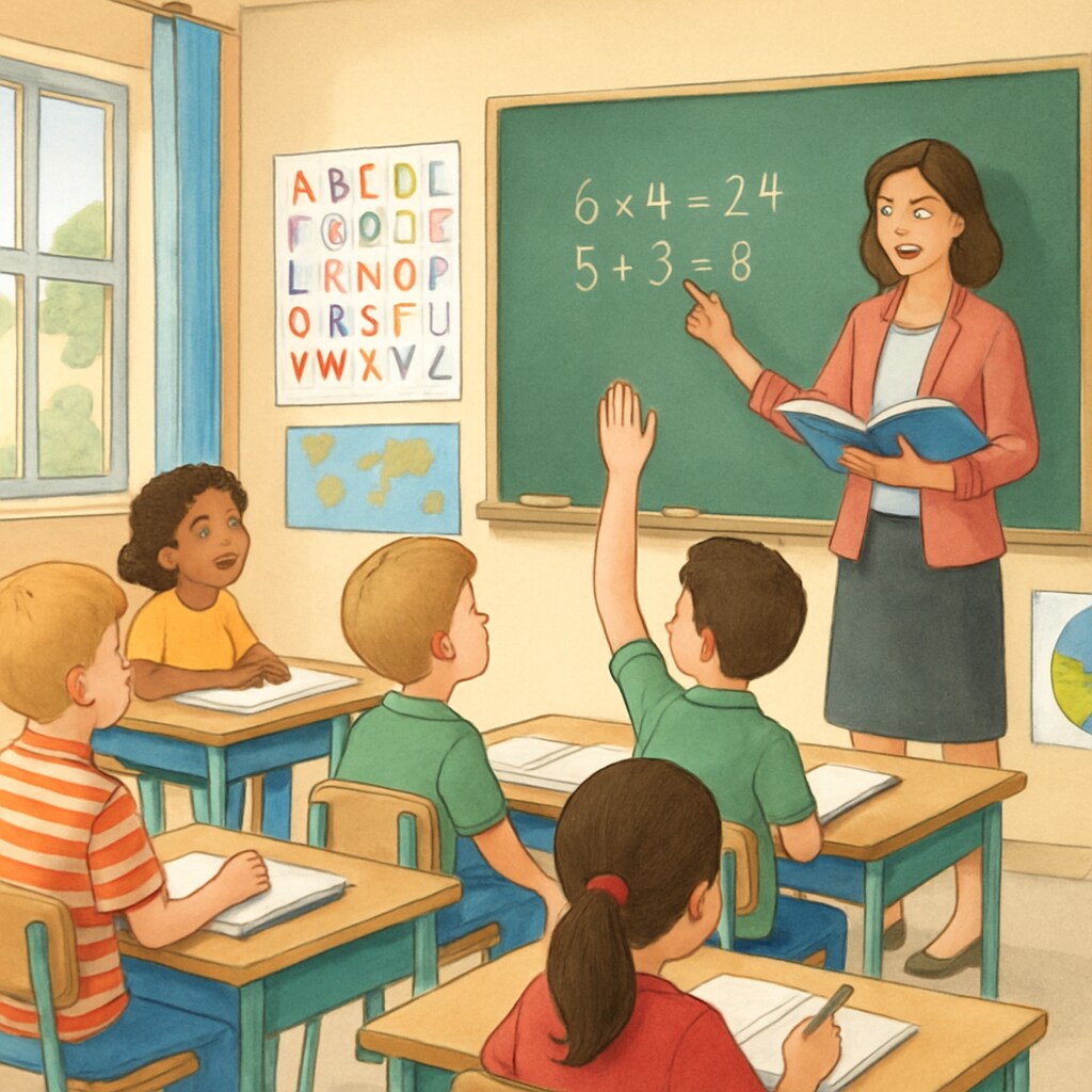 A vibrant elementary school classroom with students and a teacher actively engaged in learning. An elementary school teacher and students engaged in a classroom activity.