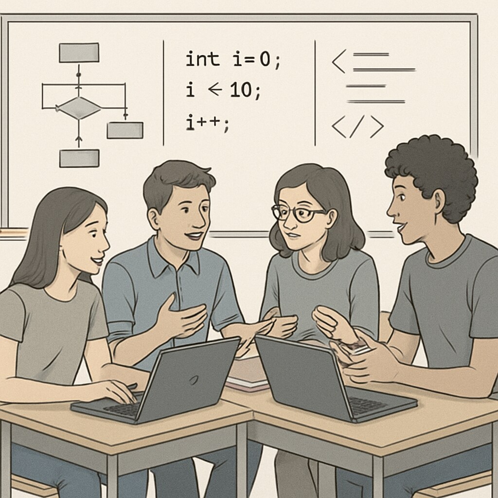 A group of undergraduate students collaborating on coding exercises in a classroom setting with laptops and whiteboards. Interactive learning environment for undergraduate AI projects.