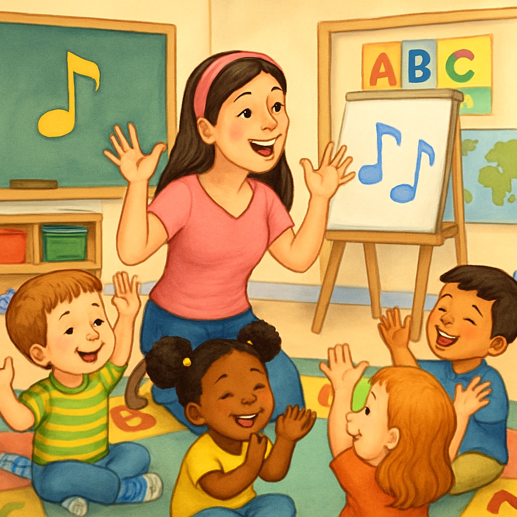 A vibrant scene from one of Ms.Rachel's YouTube videos, showing her engaging with children through song and dance. Ms.Rachel engaging children through song and dance in her YouTube video.