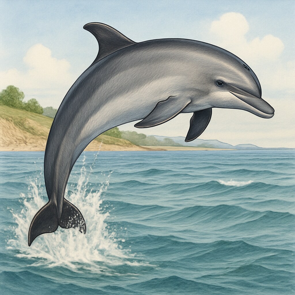 A vibrant image of a bottlenose dolphin leaping out of the water in a coastal environment. A bottlenose dolphin leaping from the ocean, representing marine life education.