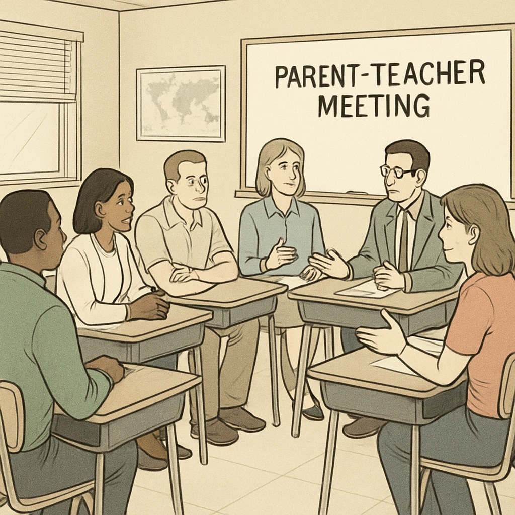 A parent-teacher meeting in progress, with parents discussing school-related concerns. Parents meeting with teachers to discuss school-related issues.