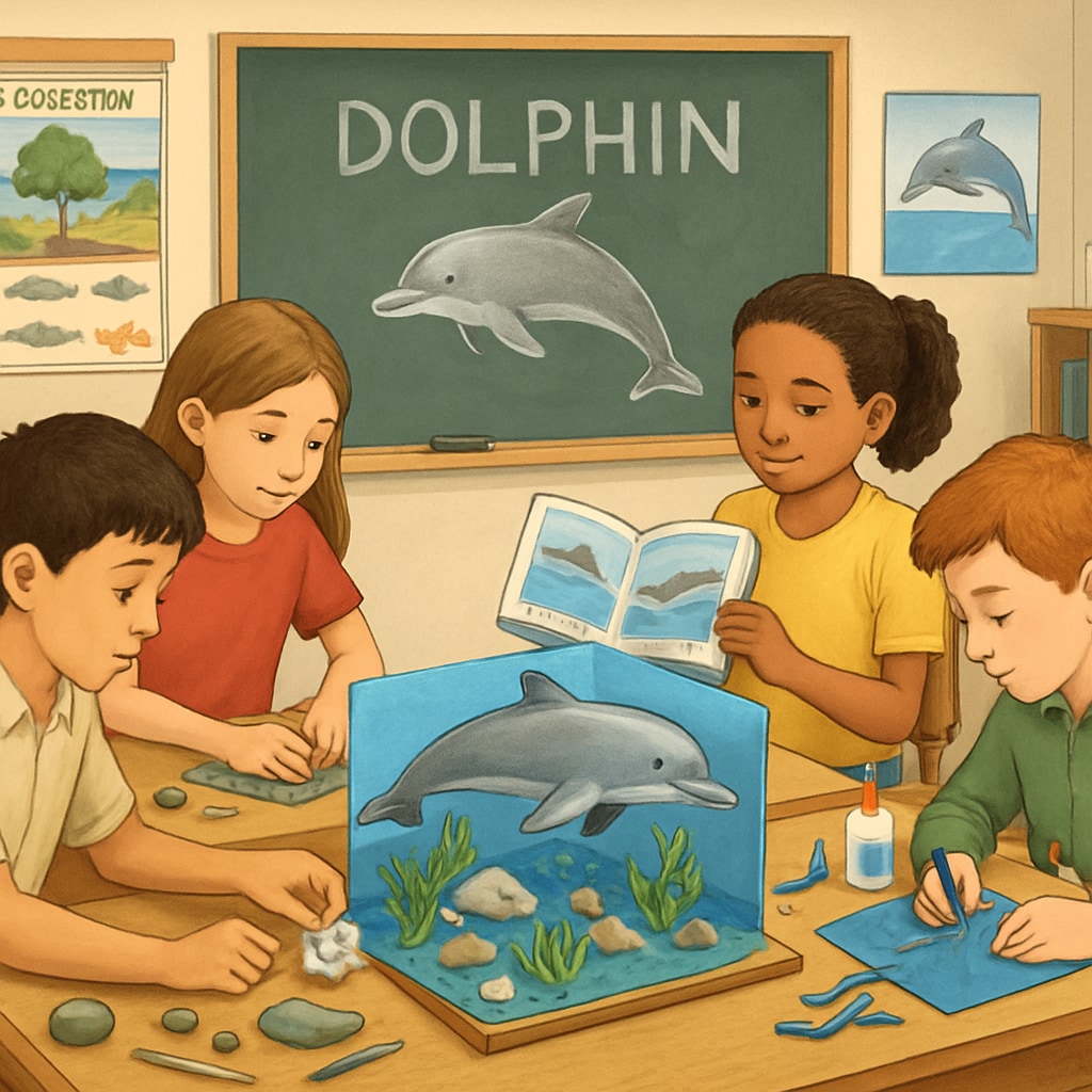 A classroom setting where students are engaged in creating a 3D model of a dolphin and its ecosystem. Students building a 3D dolphin model as part of a marine biology lesson.