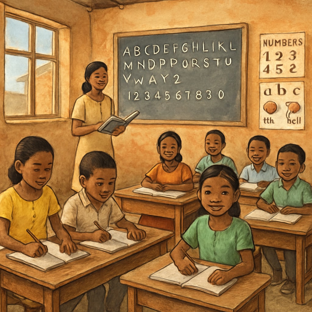 A classroom in a developing country with children learning basic skills despite limited resources. Children in a developing country learning in a resource-limited classroom.