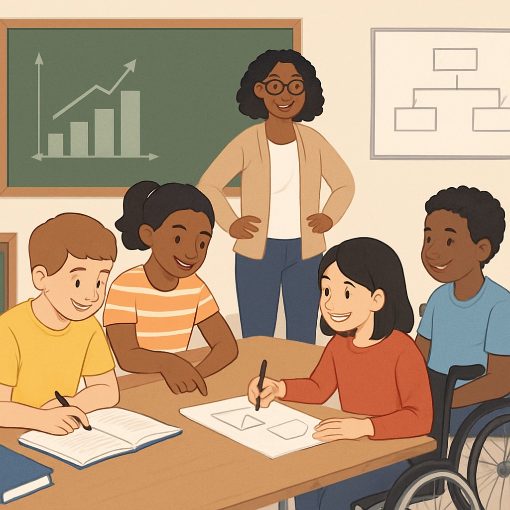 A classroom setting where students of varying abilities are engaged in collaborative learning activities. Students in a classroom collaborating on group activities, promoting inclusivity and growth.