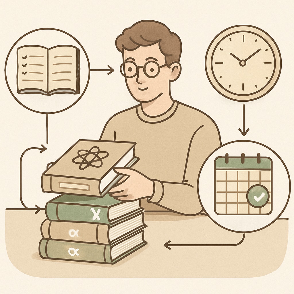 A student organizing textbooks, notes, and a planner for time management to prepare for physics exams. Student organizing study materials for physics exam preparation and time management