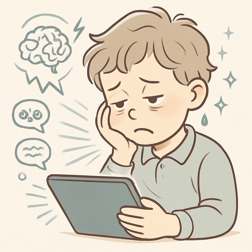 A child staring at a tablet screen, visibly fatigued or distracted, representing the cognitive strain caused by excessive screen time. Child showing signs of fatigue while using a tablet, highlighting technology addiction impact.