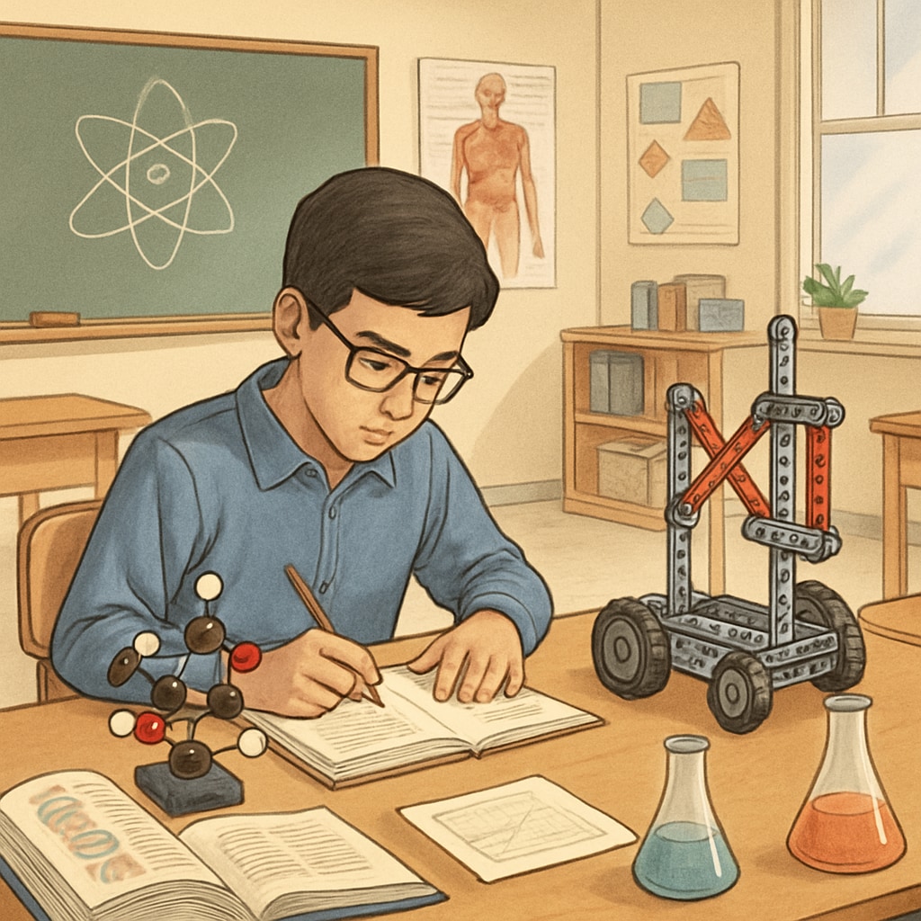 A classroom setting with a gifted student engaged in a challenging science project, symbolizing advanced learning opportunities. Gifted student working on a science project for learning enhancement.