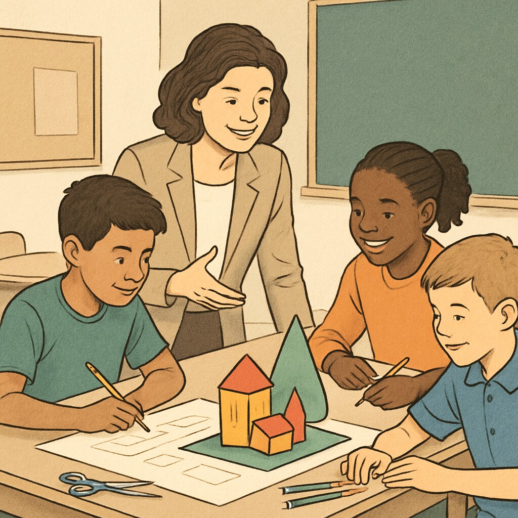 A teacher guiding students in a project-based learning activity to emphasize collaboration and growth. A teacher helping students with a collaborative project, showcasing teamwork and growth-focused learning.