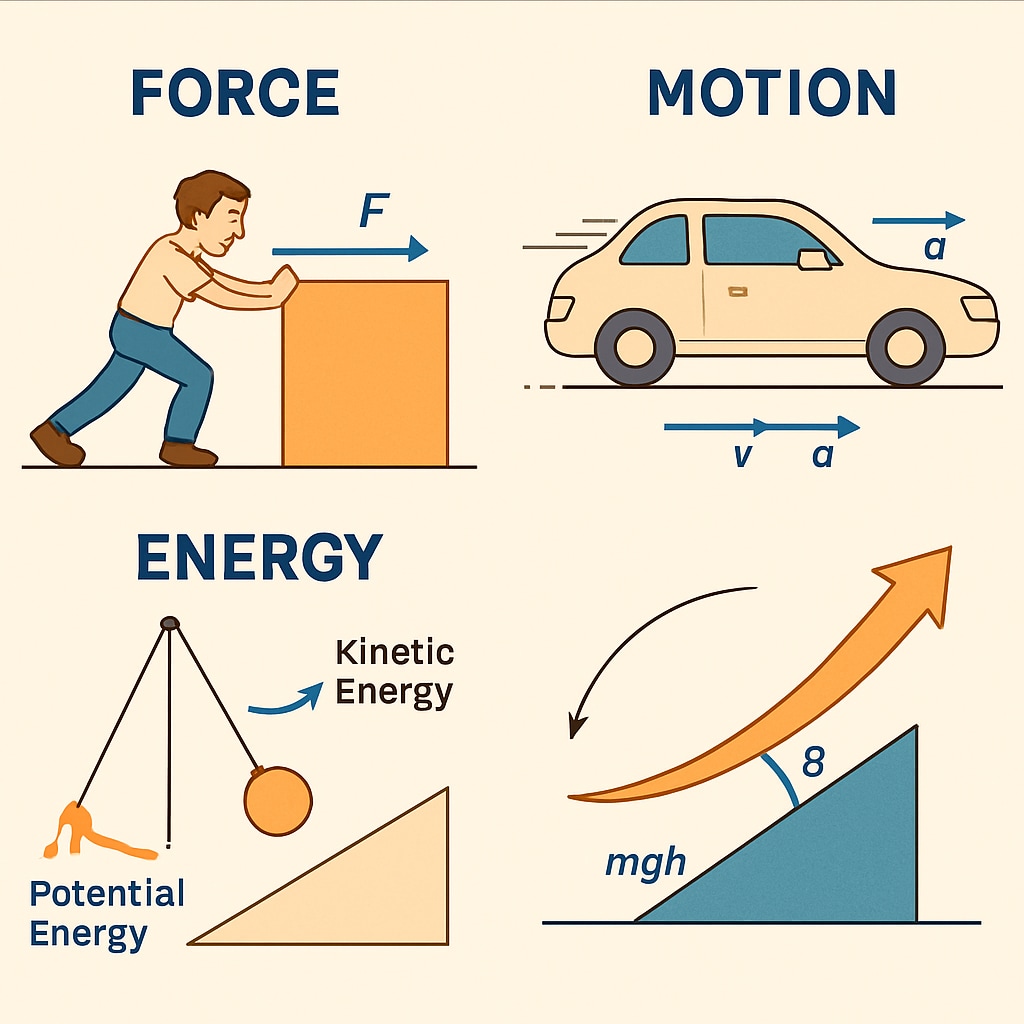 A diagram illustrating physics concepts such as force, motion, and energy, designed to simplify complex ideas for students. Physics diagram explaining force, motion, and energy concepts for effective learning