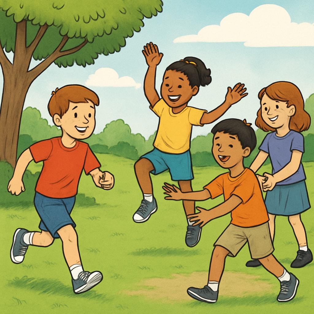 A group of children playing outdoors, engaging in social and physical activities that promote interpersonal skills. Children playing outdoors, illustrating the importance of offline social interaction for mental health.