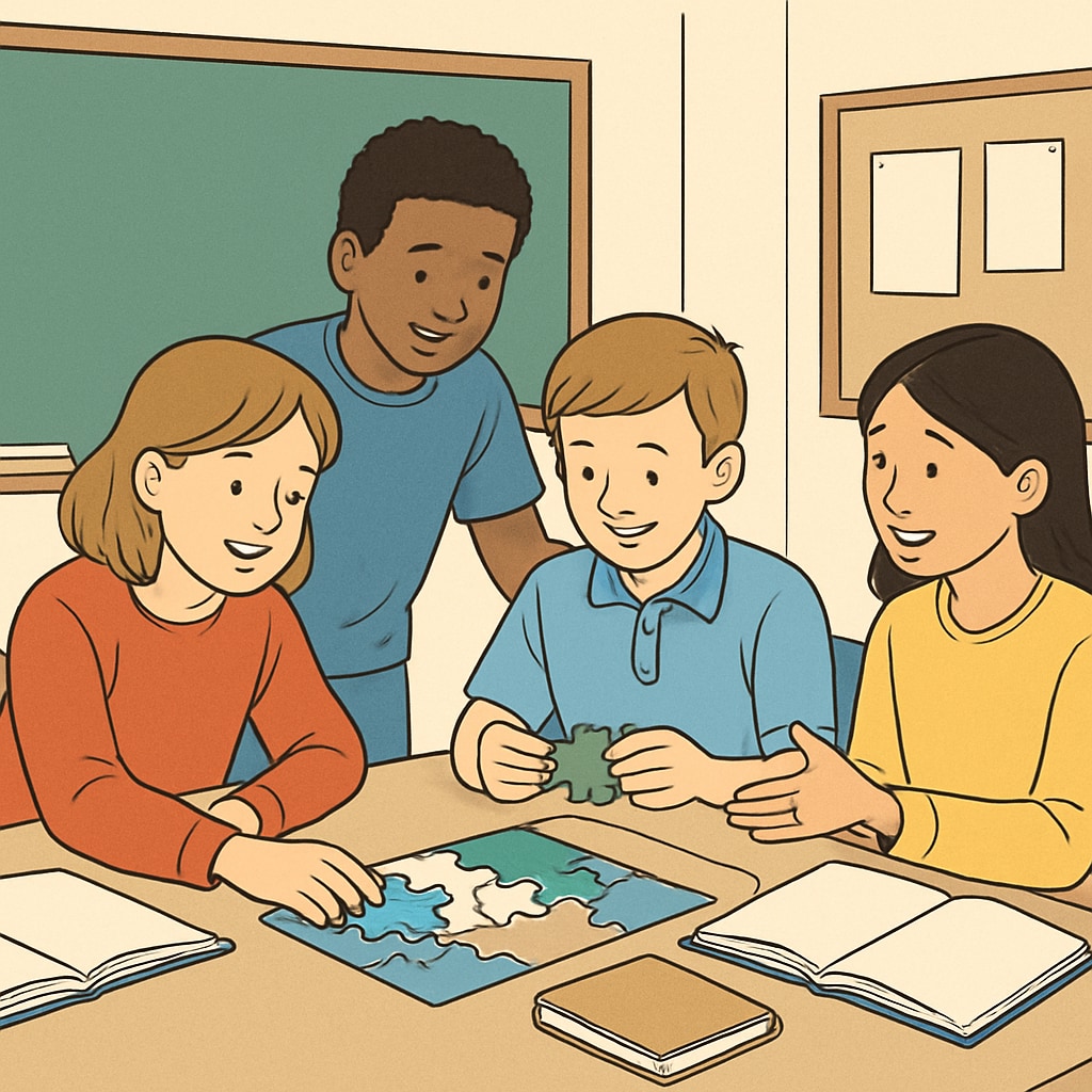 A classroom setting with students engaged in a group activity, fostering teamwork and empathy. Students working together in a classroom, promoting character development and inclusivity.