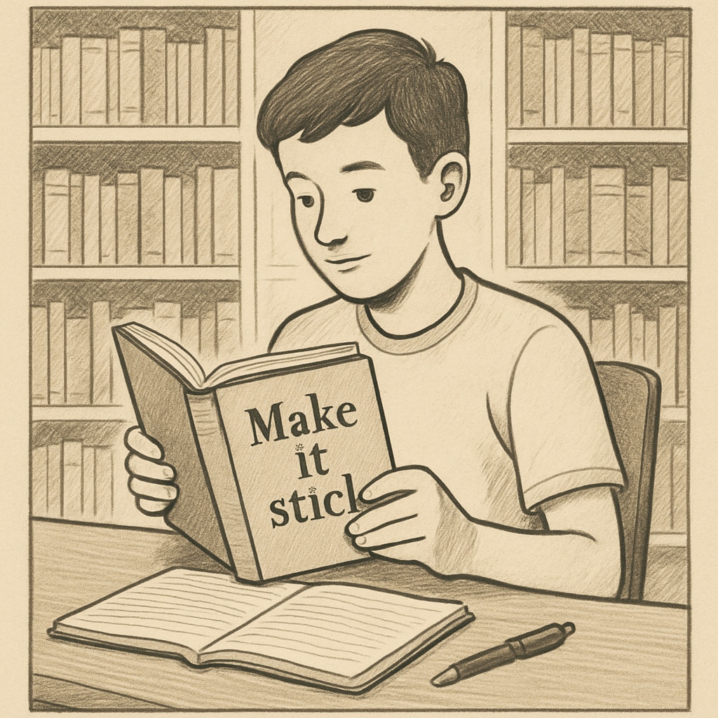 A student in a library reading “Make It Stick” with a notebook and pen, symbolizing effective learning methods. Student reading “Make It Stick” to learn effective learning methods and memory techniques.