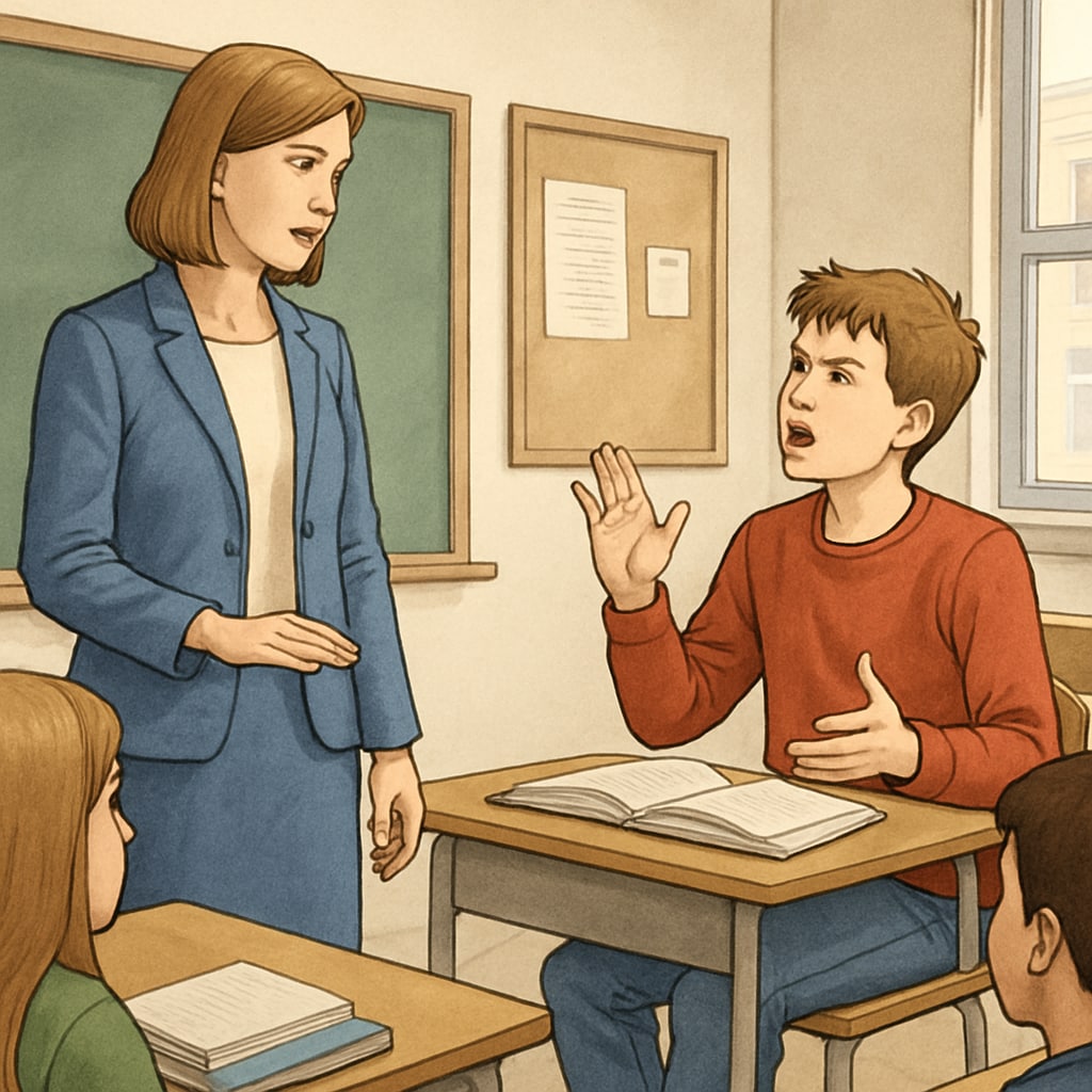 A teacher calmly addressing a disruptive student in a classroom setting Teacher addressing disruptive student as part of classroom behavior management