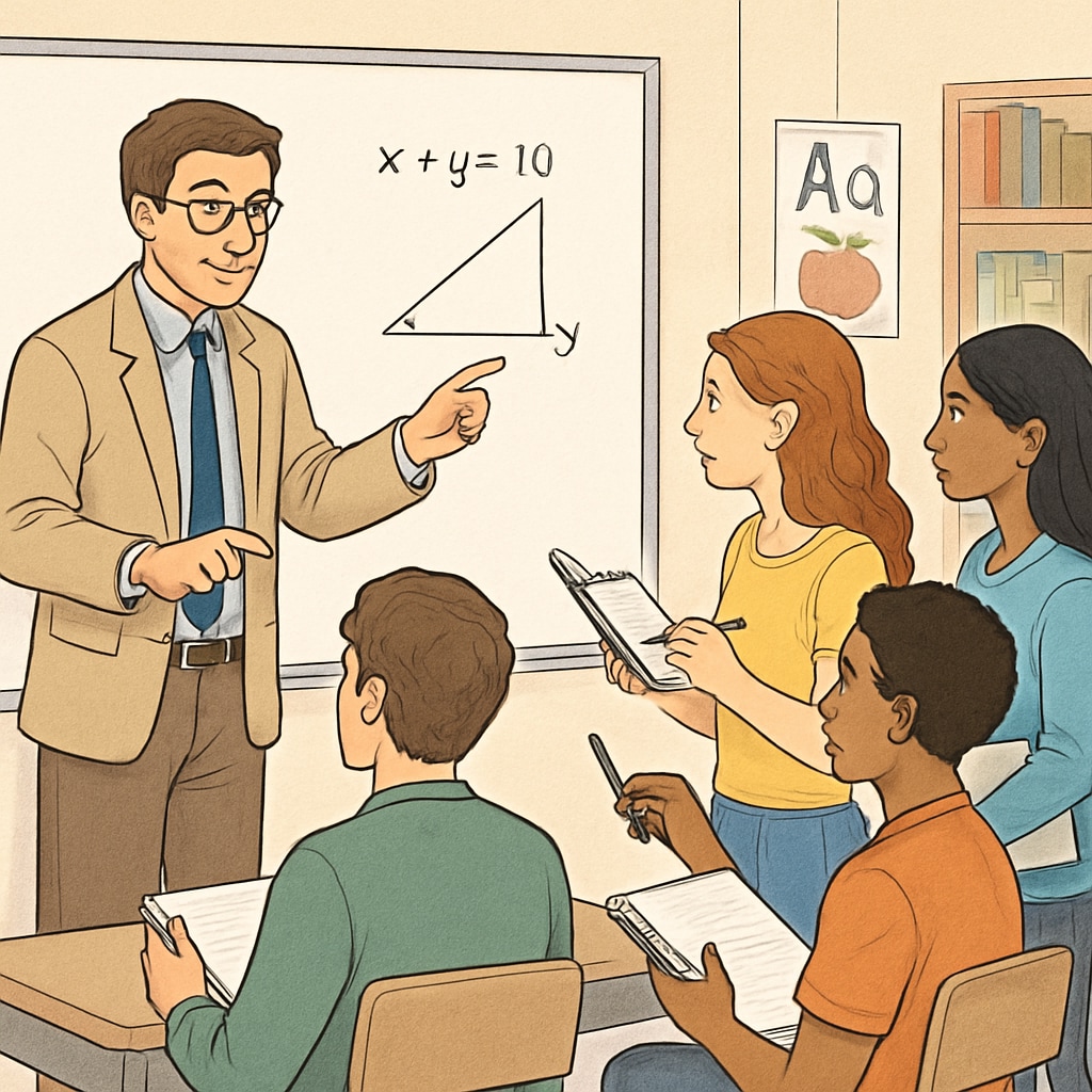 A teacher guiding students through a problem-solving exercise on a whiteboard, emphasizing critical thinking skills. Teacher facilitating a whiteboard activity to develop critical thinking in students.