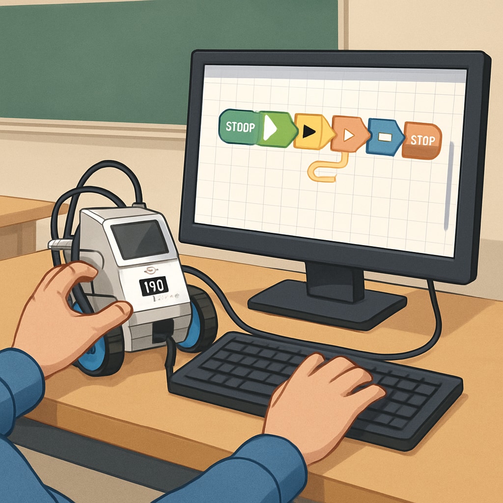 A close-up of a student programming a robot using intuitive software, highlighting hands-on learning. Student programming a robot using beginner-friendly software tools in a robotics course.