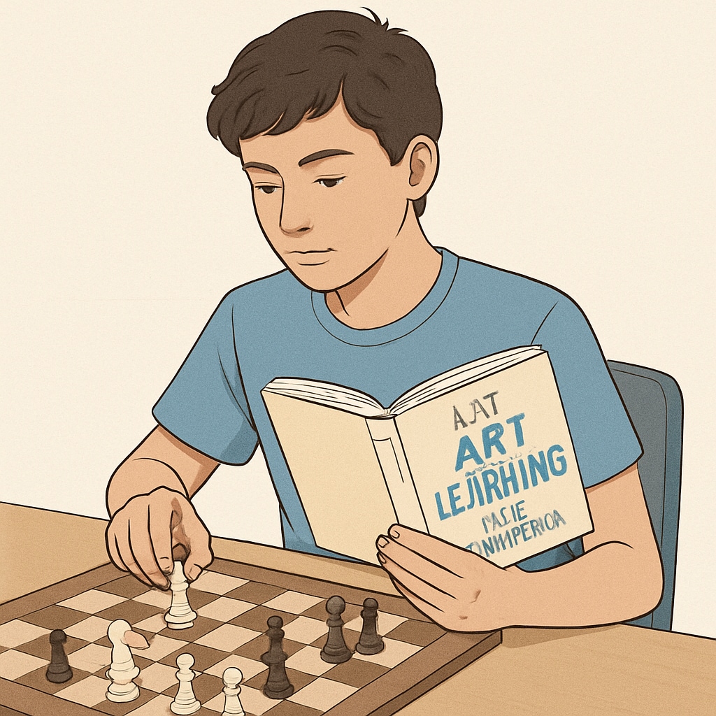A teen practicing chess with “The Art of Learning” by Josh Waitzkin, symbolizing the blend of strategy and learning. Teen practicing chess while exploring strategies in “The Art of Learning.”