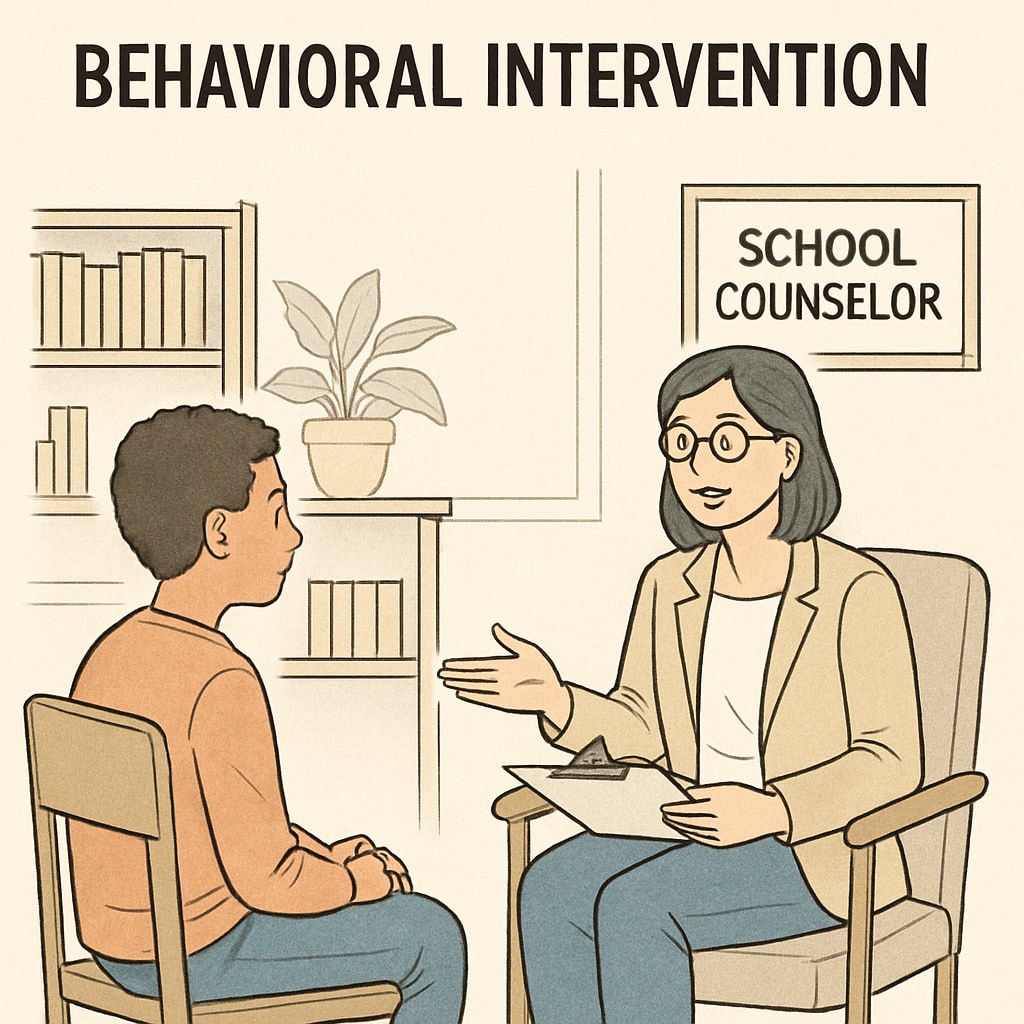 A school counselor conducting a behavioral intervention session with a student School counselor helping a student through behavioral intervention programs