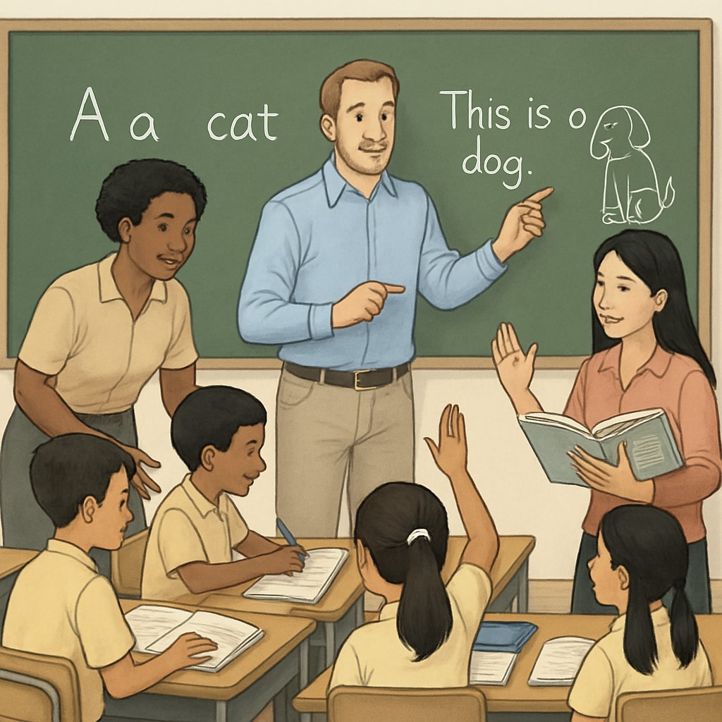 A group of educators teaching English to Thai students in a classroom setting. Educators teaching English in Thailand's summer camp.