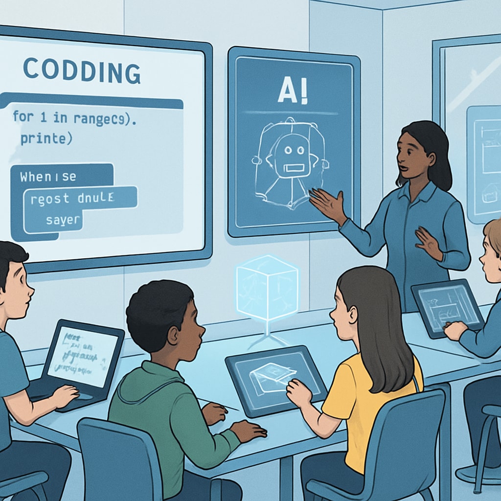 A futuristic classroom environment where students are learning coding and problem-solving skills, symbolizing the integration of AI concepts in K12 education. A classroom teaching coding and critical thinking in preparation for AI-driven careers.