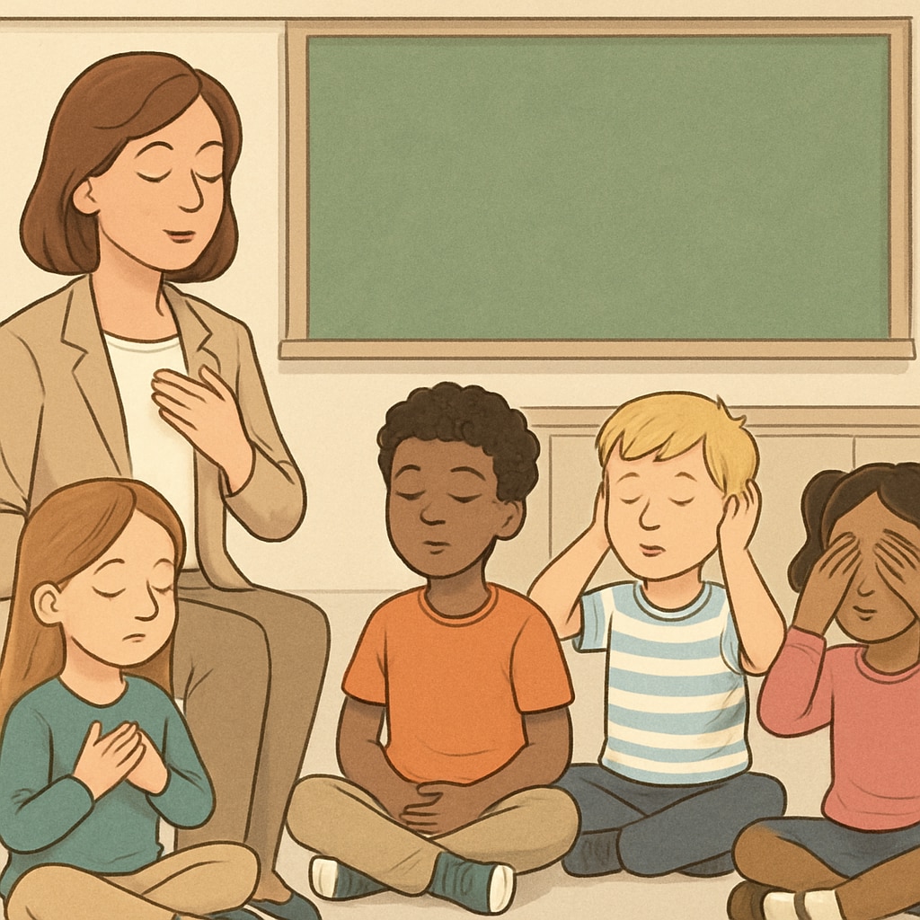 A group of children practicing mindfulness exercises with a teacher in a classroom, illustrating emotional control techniques. Children practicing mindfulness as part of emotional education and emotional control.