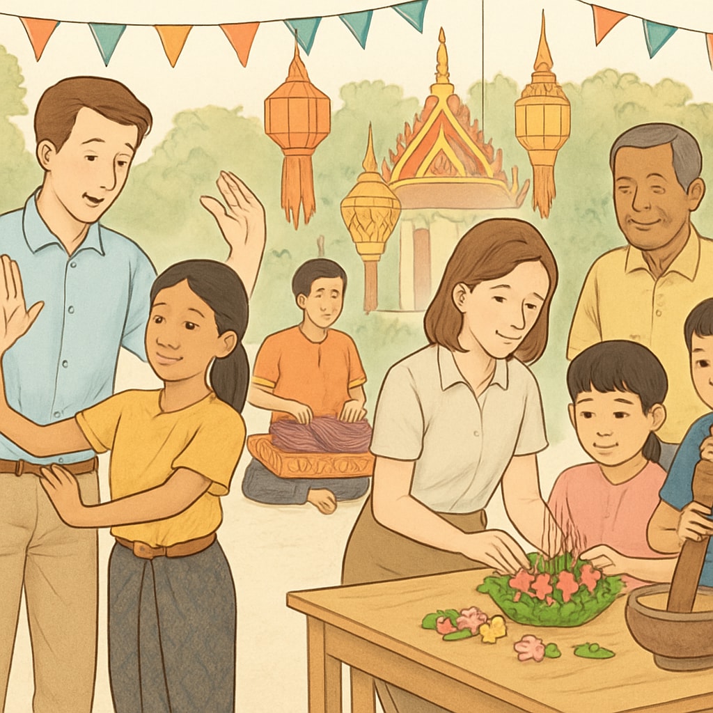 Participants enjoying a Thai cultural festival during the teaching camp. Participants experiencing Thai culture during the summer camp.