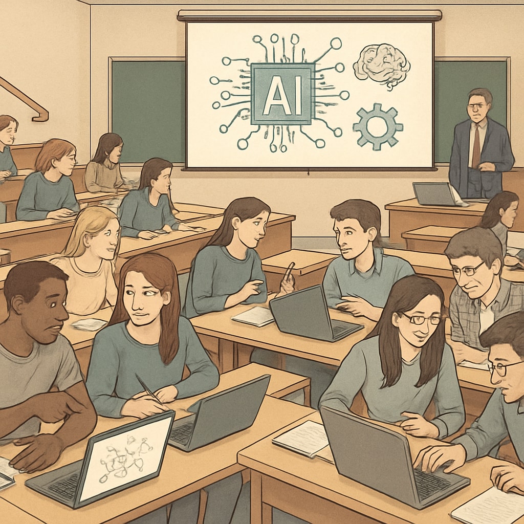 A university lecture hall with students collaborating on AI-related projects, representing higher education's response to AI advancements. Students in a university lecture collaborating on AI projects for future careers.