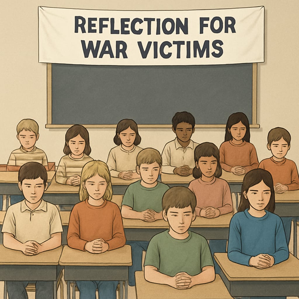 A classroom of students observing a moment of silence, with a banner behind them reading “Reflection for War Victims.” Students observing a moment of silence for war victims, reflecting ethical debates.