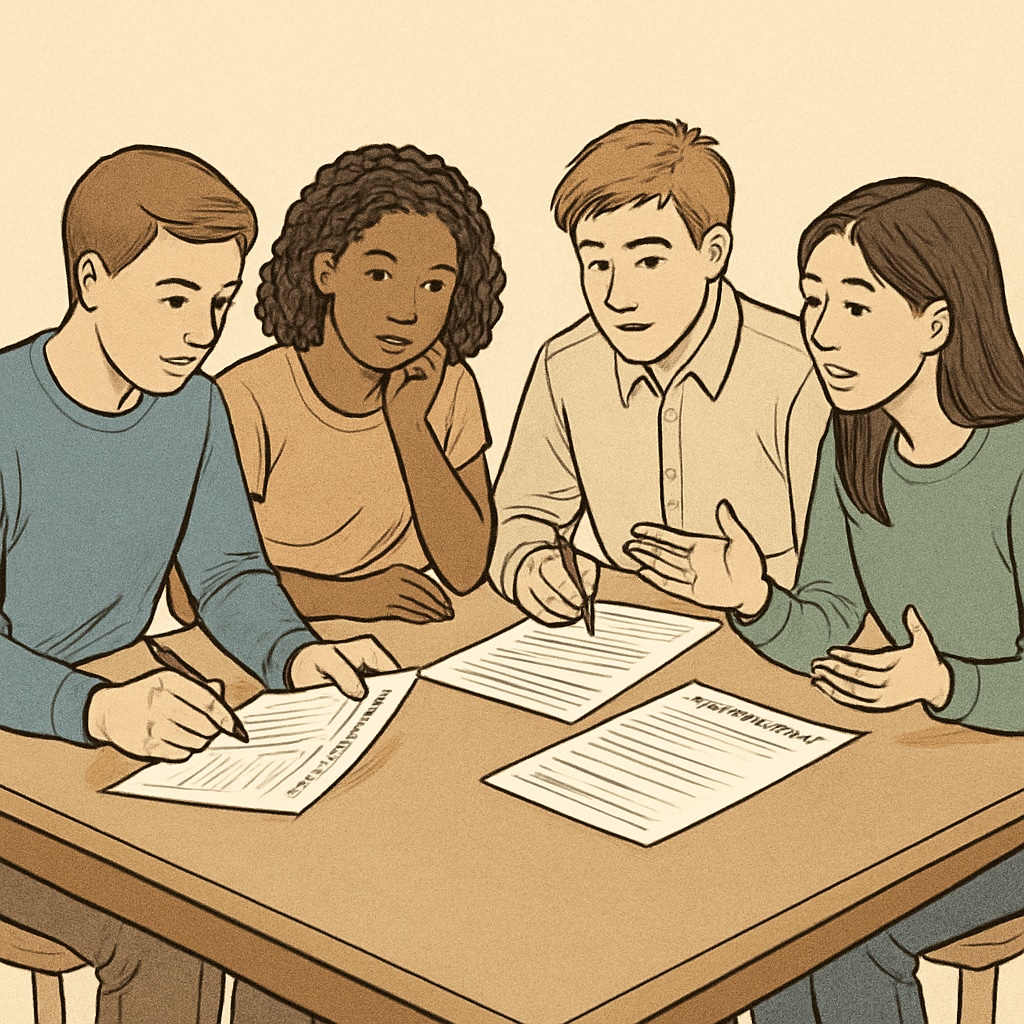 A group of college freshmen reviewing application forms together, symbolizing collaboration and overcoming challenges. College freshmen discussing application challenges and solutions.