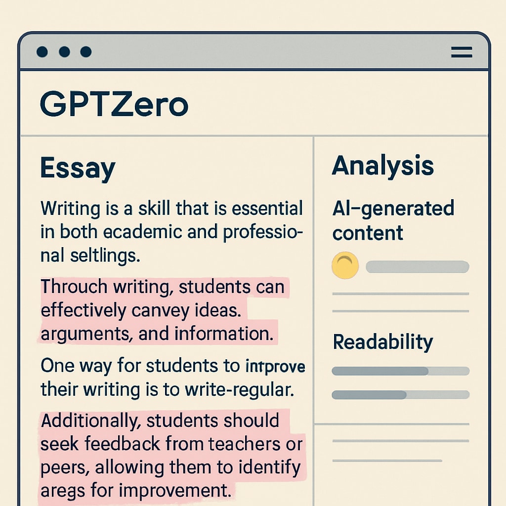 A detailed view of GPTZero highlighting AI-generated content in a student's essay GPTZero detecting AI-written sections in a Google Docs assignment